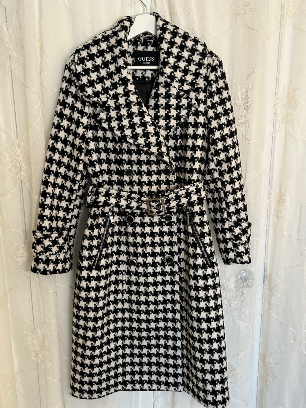 GUESS Houndstooth Belted Trench Coat Black White NWOT Women's Size M